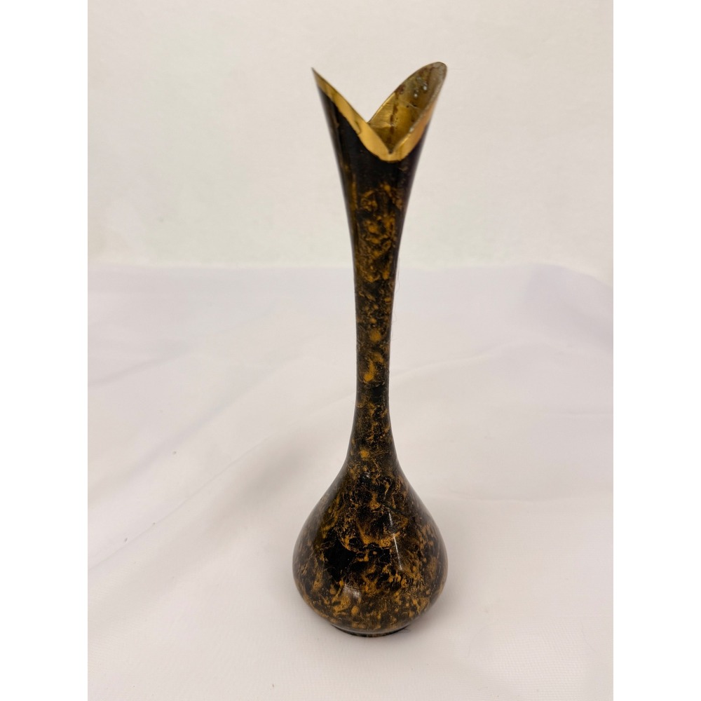 Vintage Black and Gold Marbled Brass Bud Vase Mid Century Modern 8.5 Inch